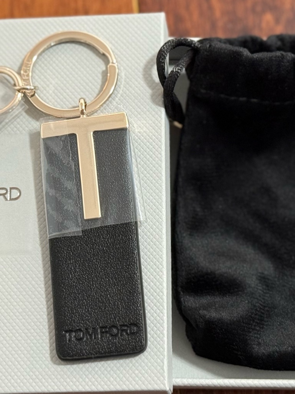 Tom Ford Black Leather Key Tag with Gold T Accent